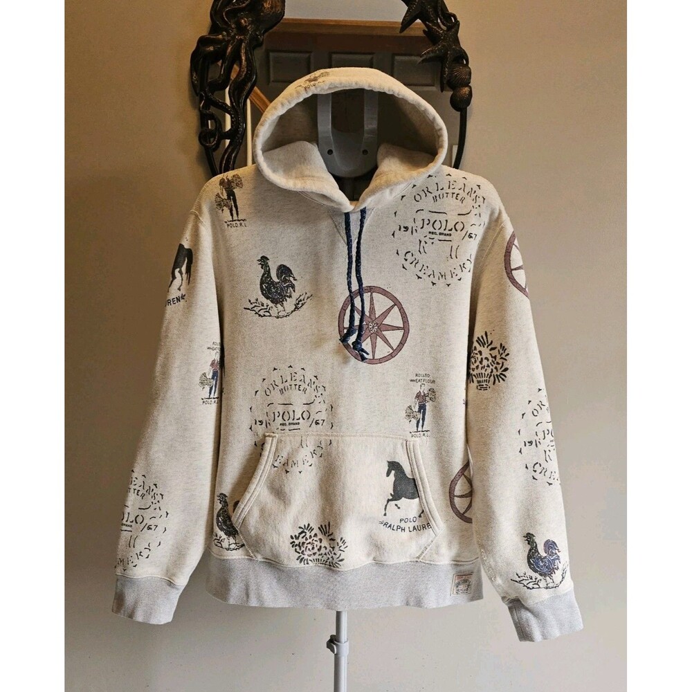 Polo Ralph Lauren Rustic Farm Fleece Graphic Hoodie Sweatshirt Mens L Country